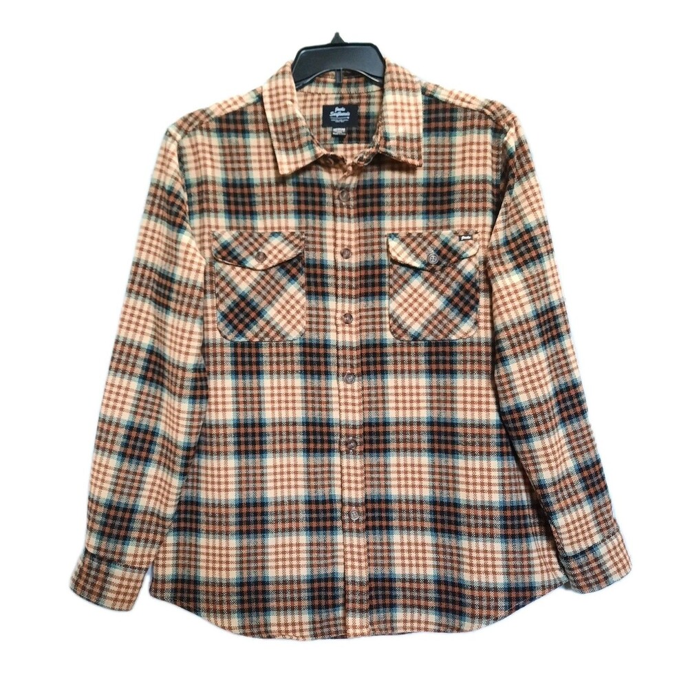 Jack's Surfboards Men's Appalachia LS Plaid Flannel Brown/Turquoise Shacket Sz M